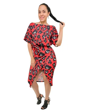 Red Leopard Print Batwing Midi Dress