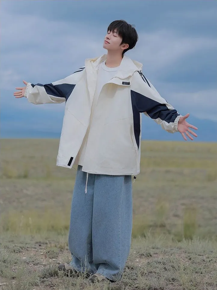 Relaxed-Fit Patchwork Rain Coat for Outdoor Adventures