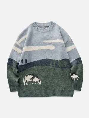 Rimiro - Vintage Prairie Cow Pattern Streetwear Sweater