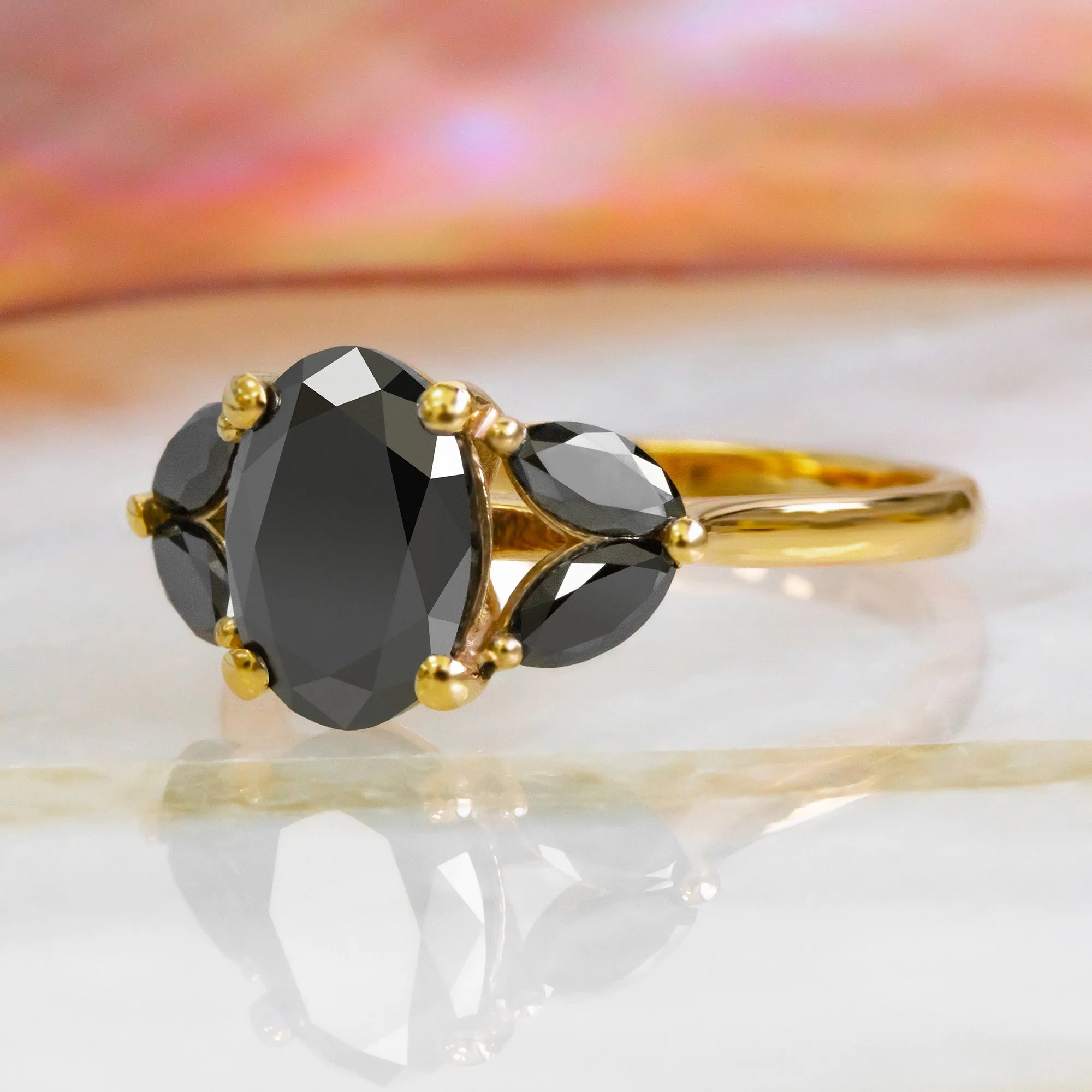 Rosette  Art Deco  Natural Black Diamond Oval Engagement Ring