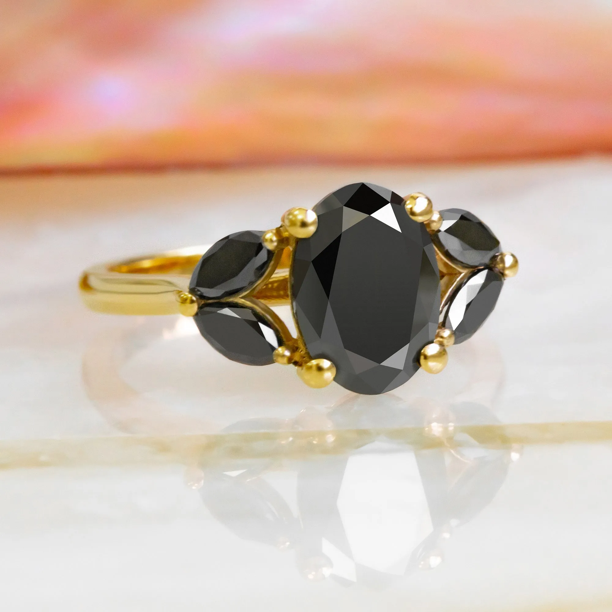 Rosette  Art Deco  Natural Black Diamond Oval Engagement Ring