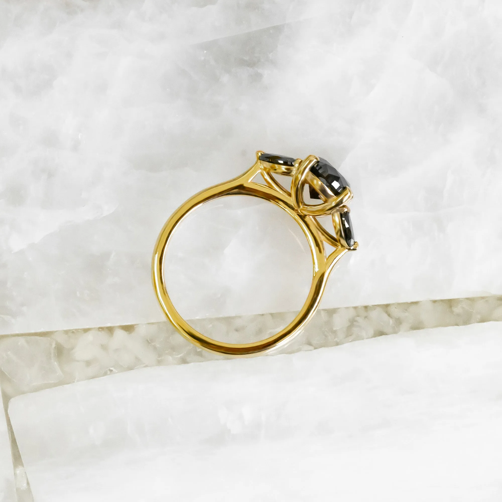 Rosette  Art Deco  Natural Black Diamond Oval Engagement Ring