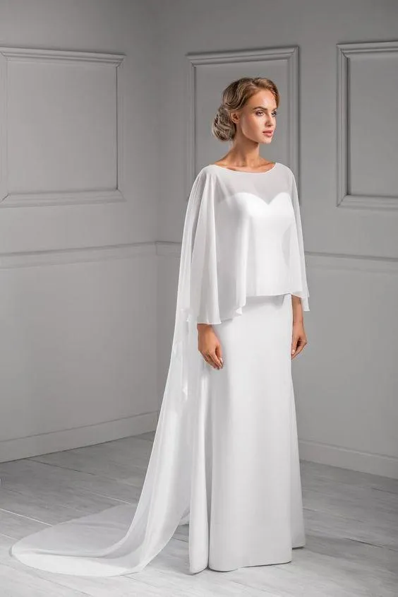 Roycebridal White Chiffon Wedding Wraps Bridal Cape For Bridal Wedding