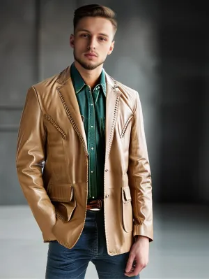 Rugged Whipstitch Hem Leather Blazer for Men
