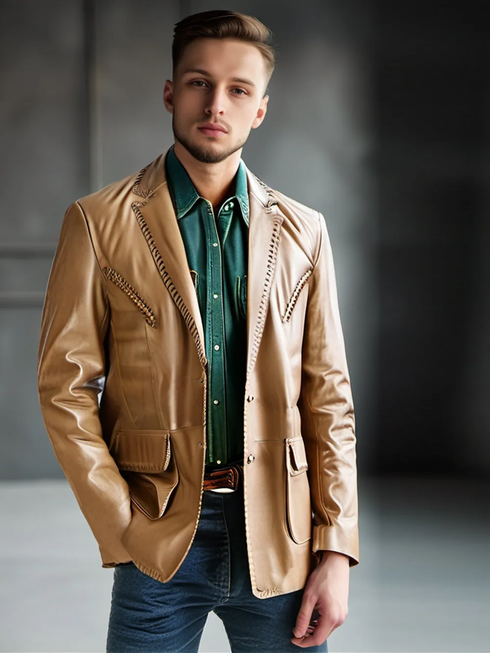 Rugged Whipstitch Hem Leather Blazer for Men