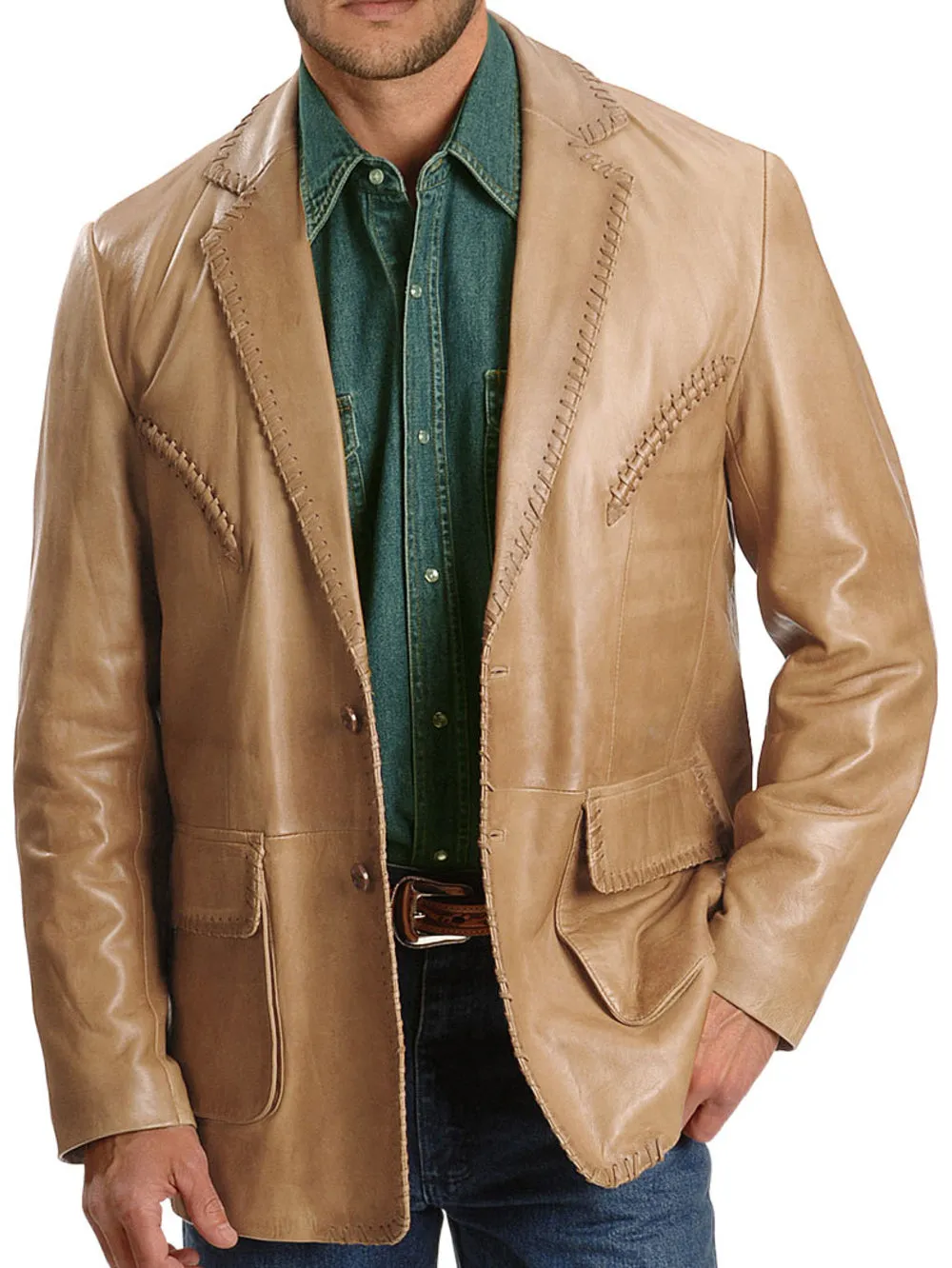 Rugged Whipstitch Hem Leather Blazer for Men