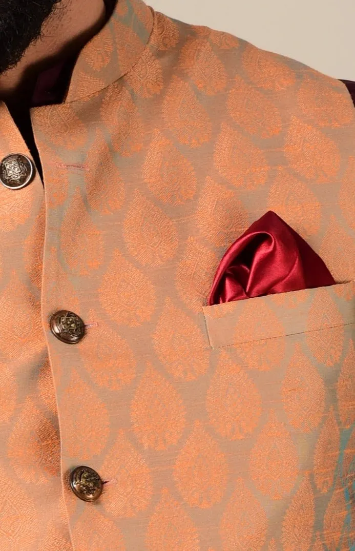 Rust Cyan Designer Brocade Half Jodhpuri Jacket With Kurta Pajama Set