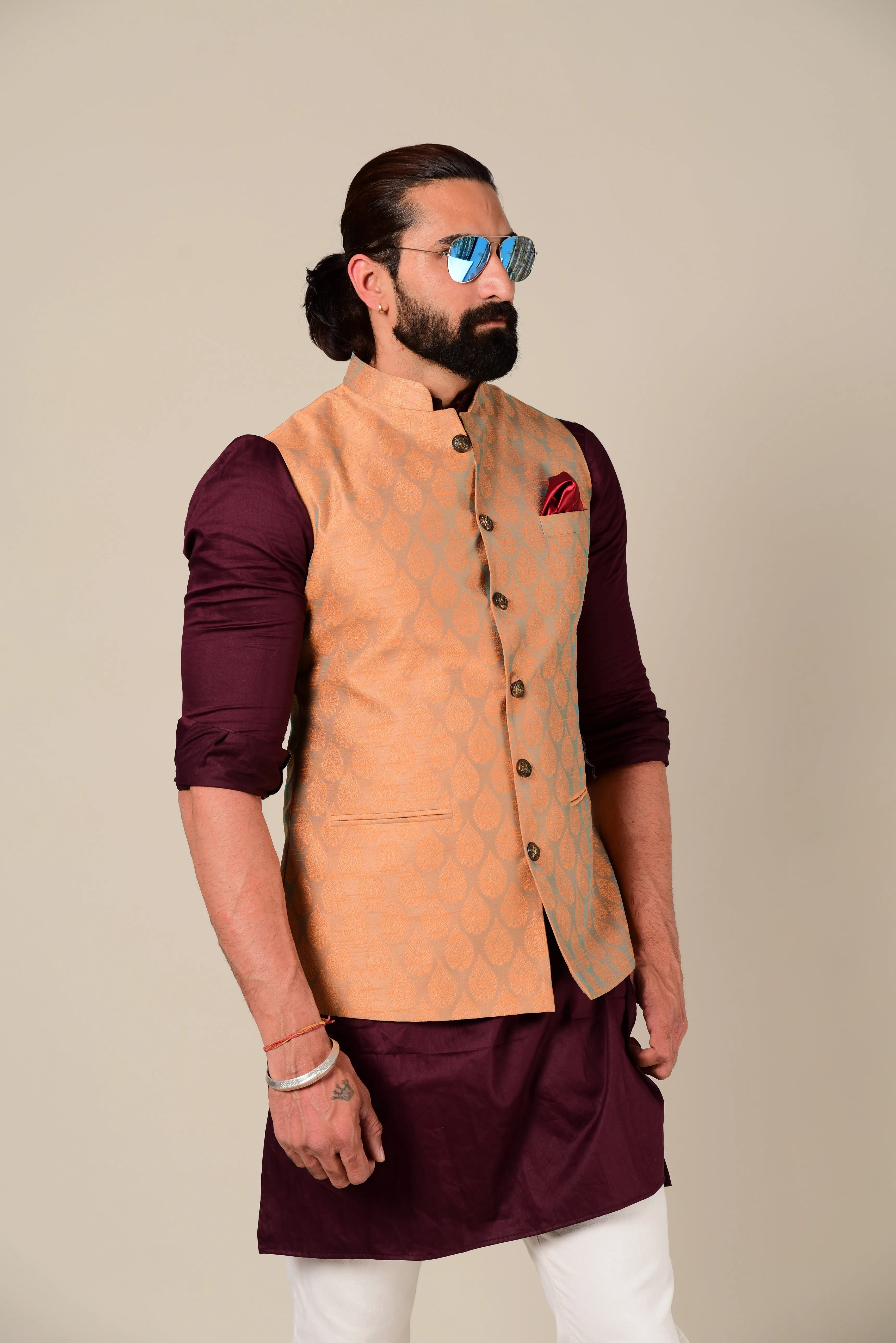 Rust Cyan Designer Brocade Half Jodhpuri Jacket With Kurta Pajama Set
