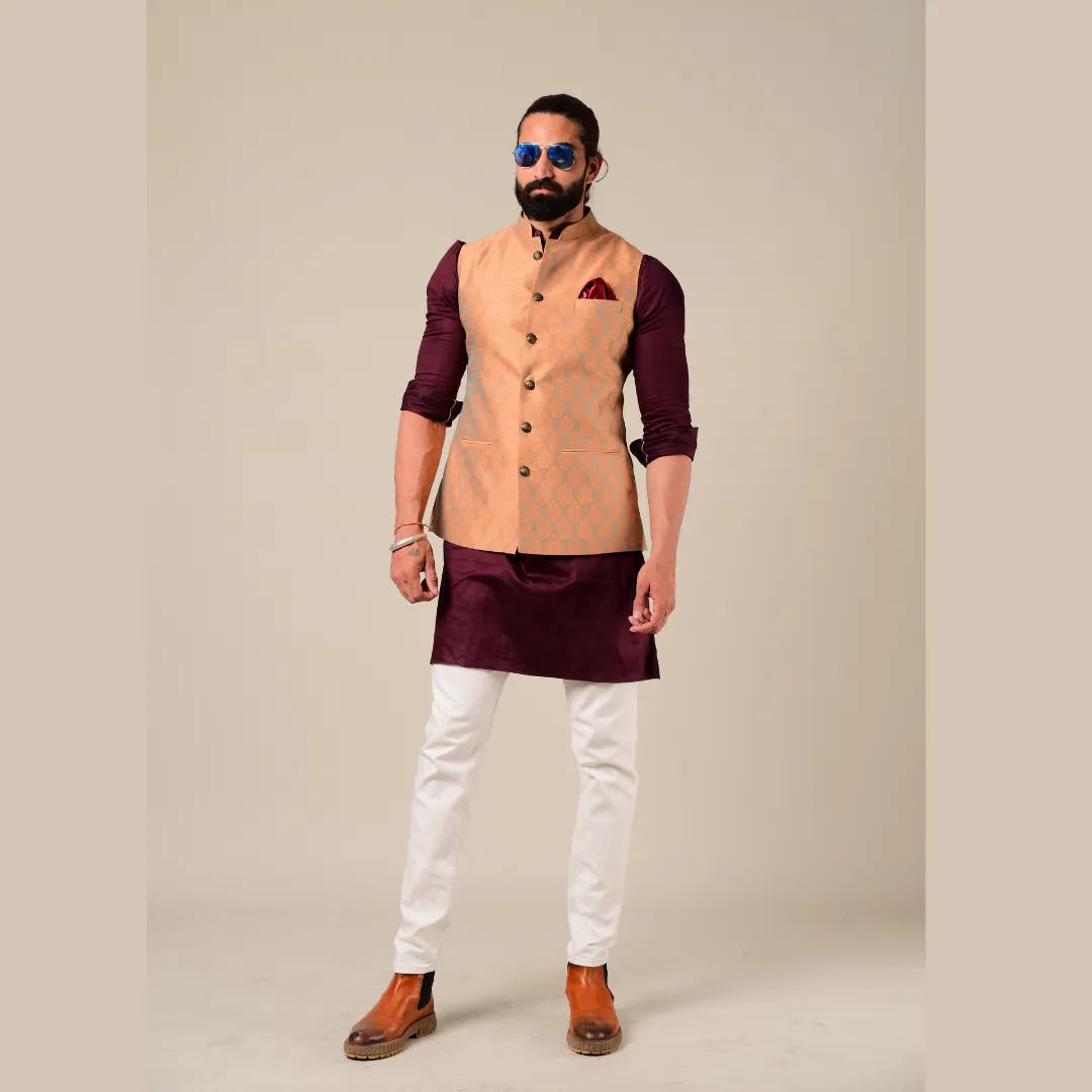 Rust Cyan Designer Brocade Half Jodhpuri Jacket With Kurta Pajama Set