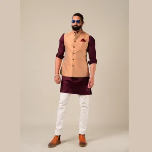 Rust Cyan Designer Brocade Half Jodhpuri Jacket With Kurta Pajama Set