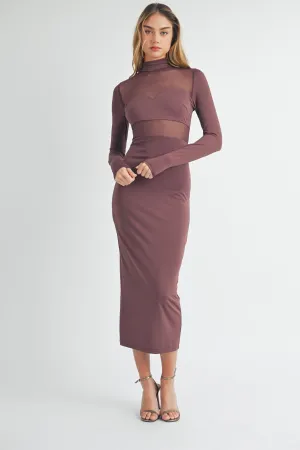 Sabrina Mock Neck Mesh Bodycon Midi Dress - Dark Plum
