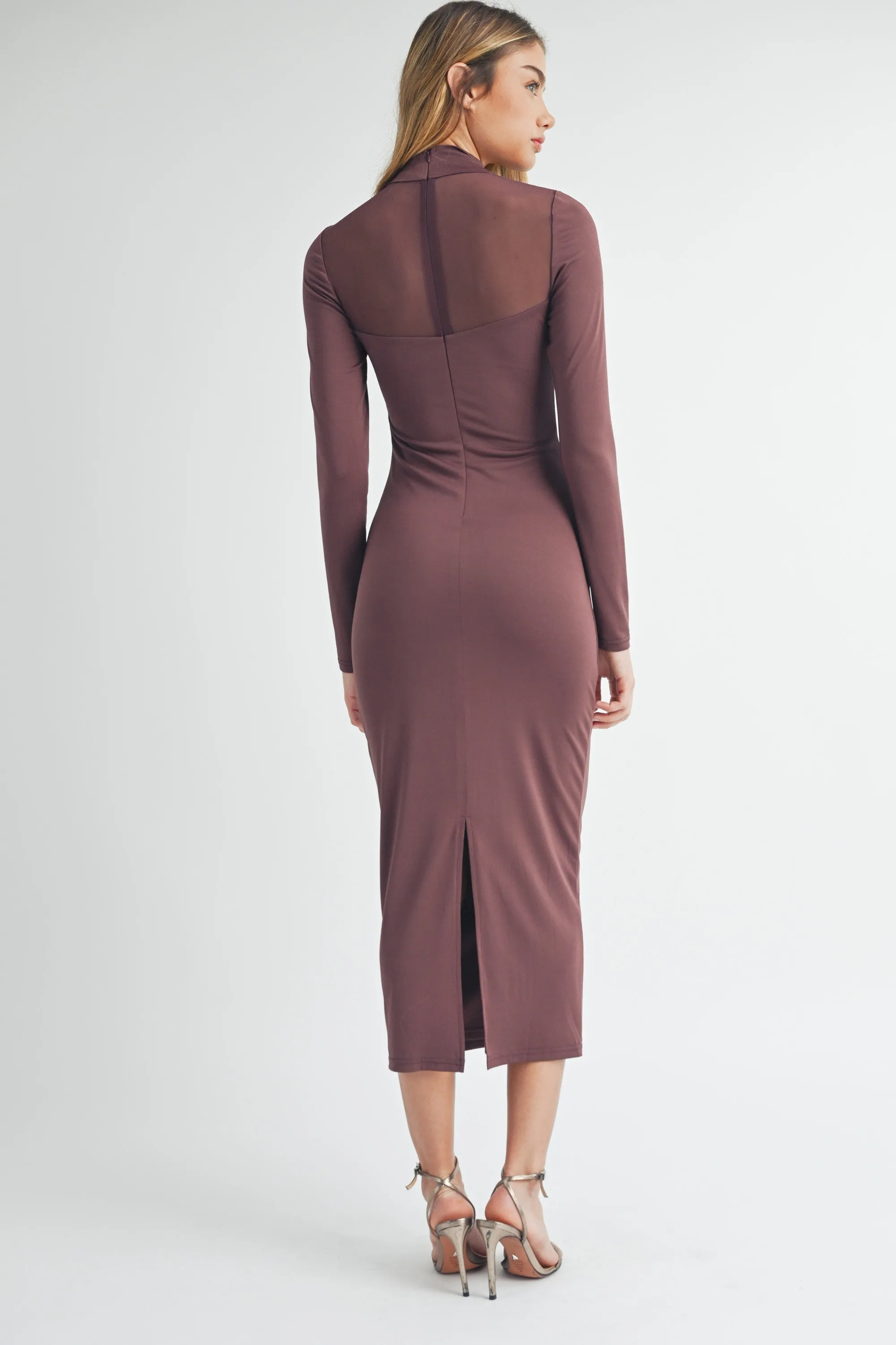 Sabrina Mock Neck Mesh Bodycon Midi Dress - Dark Plum