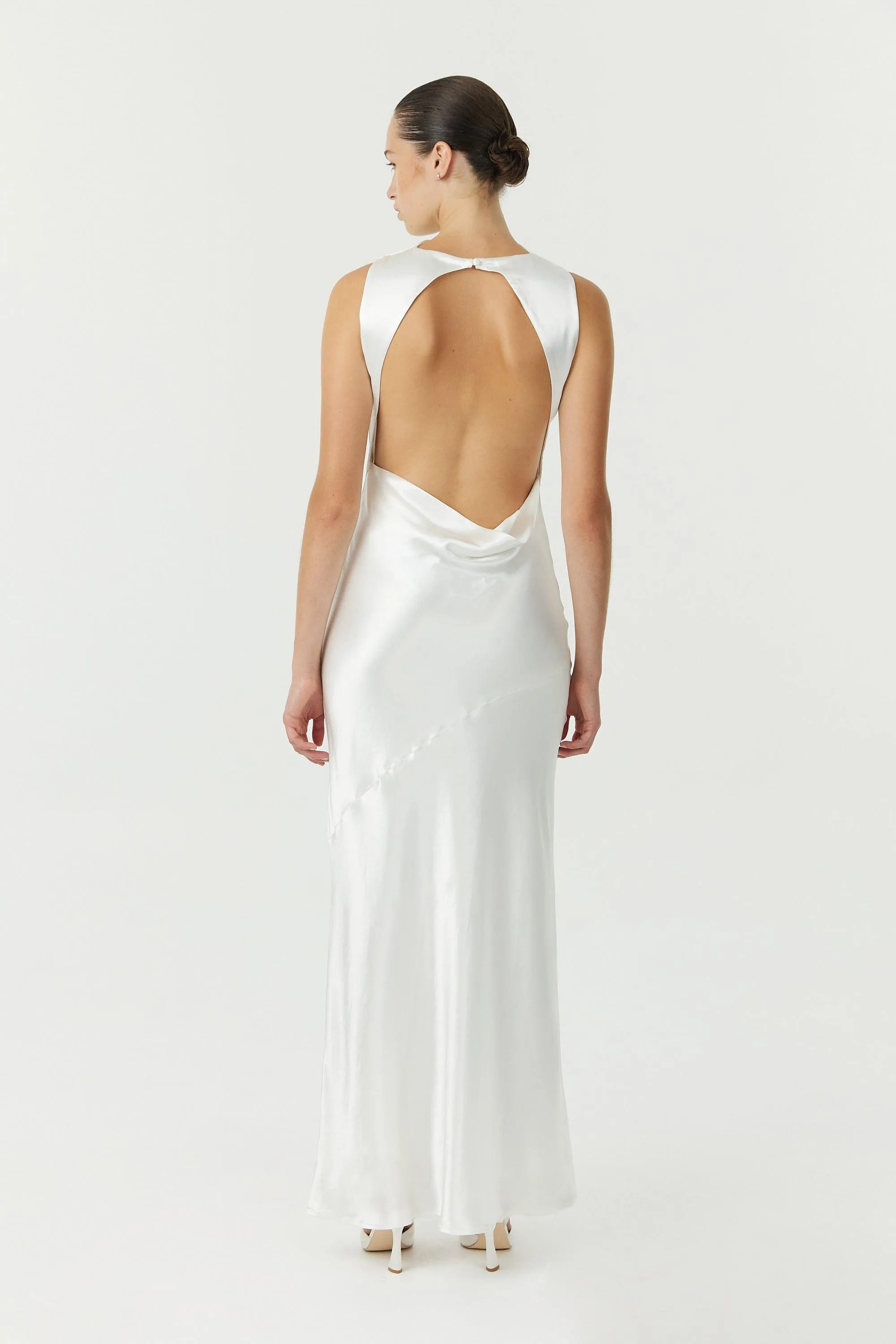 SATIN BIAS COWL BACK MAXI | POWDER WHITE