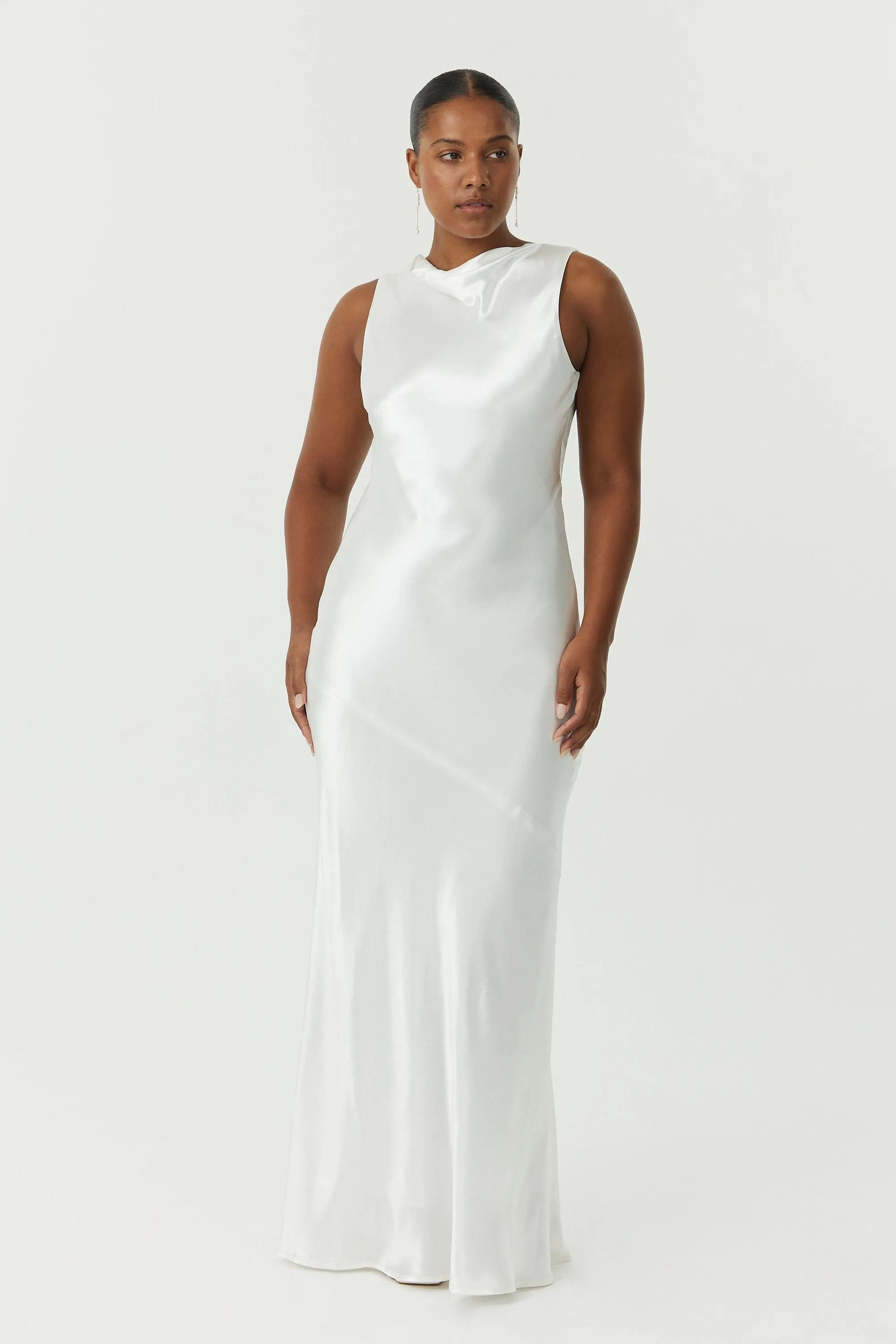 SATIN BIAS COWL BACK MAXI | POWDER WHITE