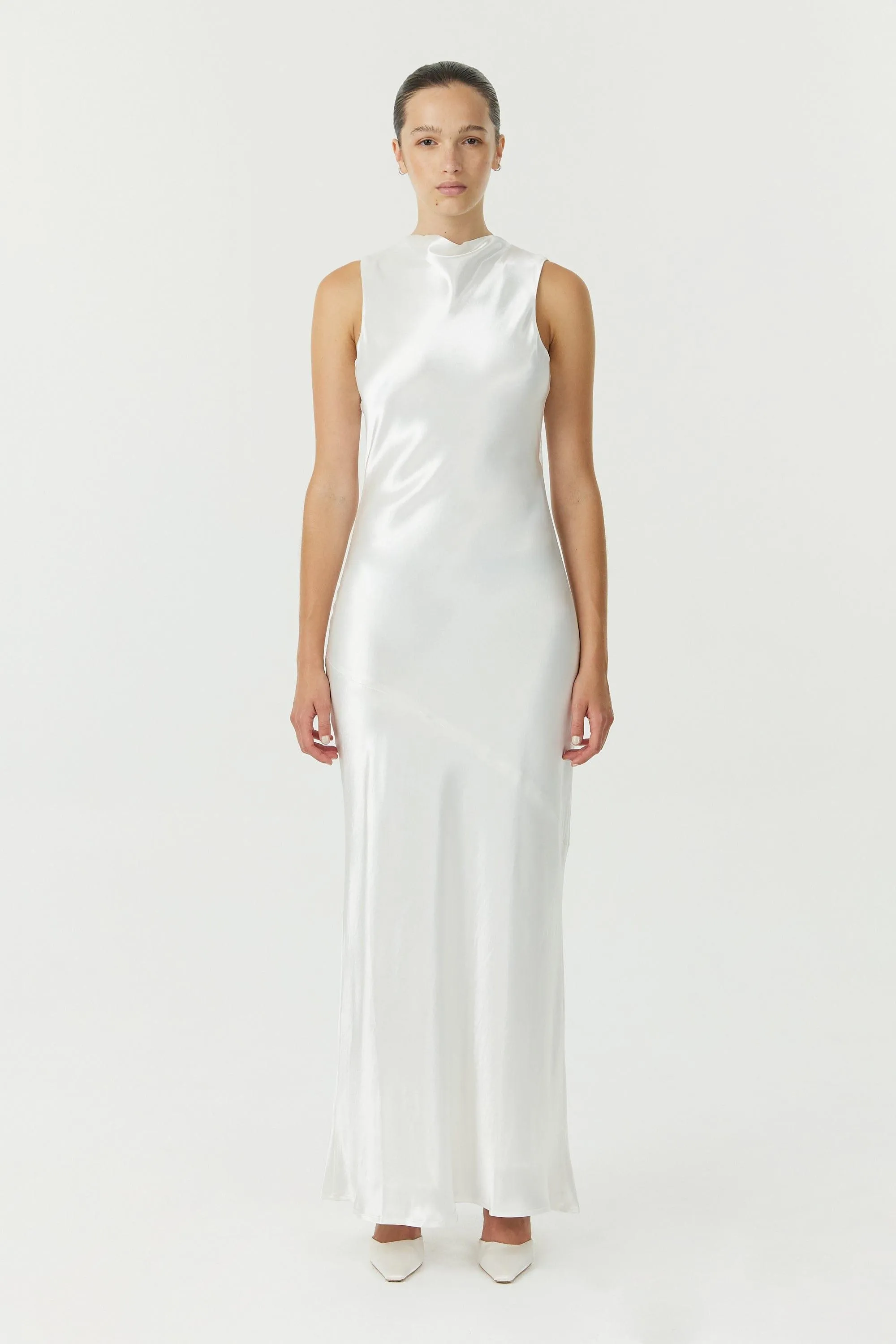 SATIN BIAS COWL BACK MAXI | POWDER WHITE