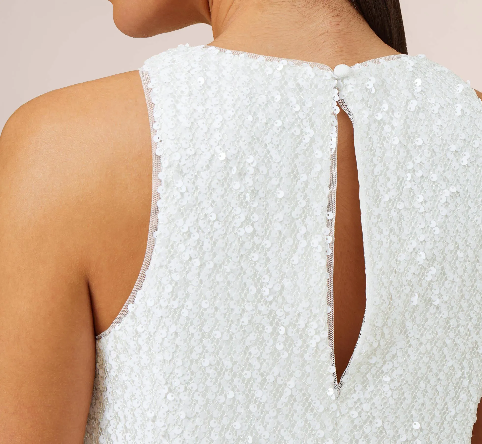 Sequined Trapeze Halter Dress With Feather Trim In Ivory