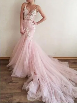 Sexy Backless Pink Lace Straps V Neck Long Evening Prom Dresses, 17515