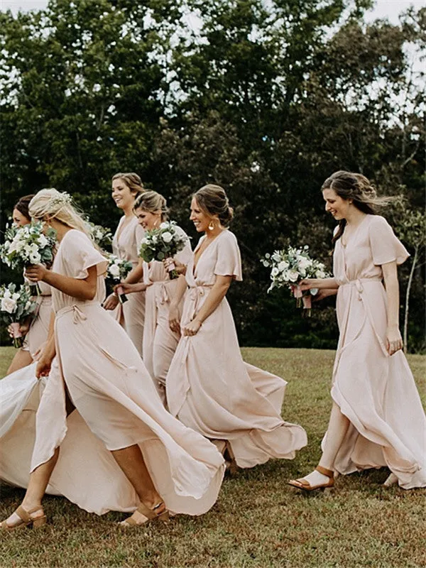 Sheath V-neck Short Sleeves Long  Bridesmaid Dresses With Slit, BD1113