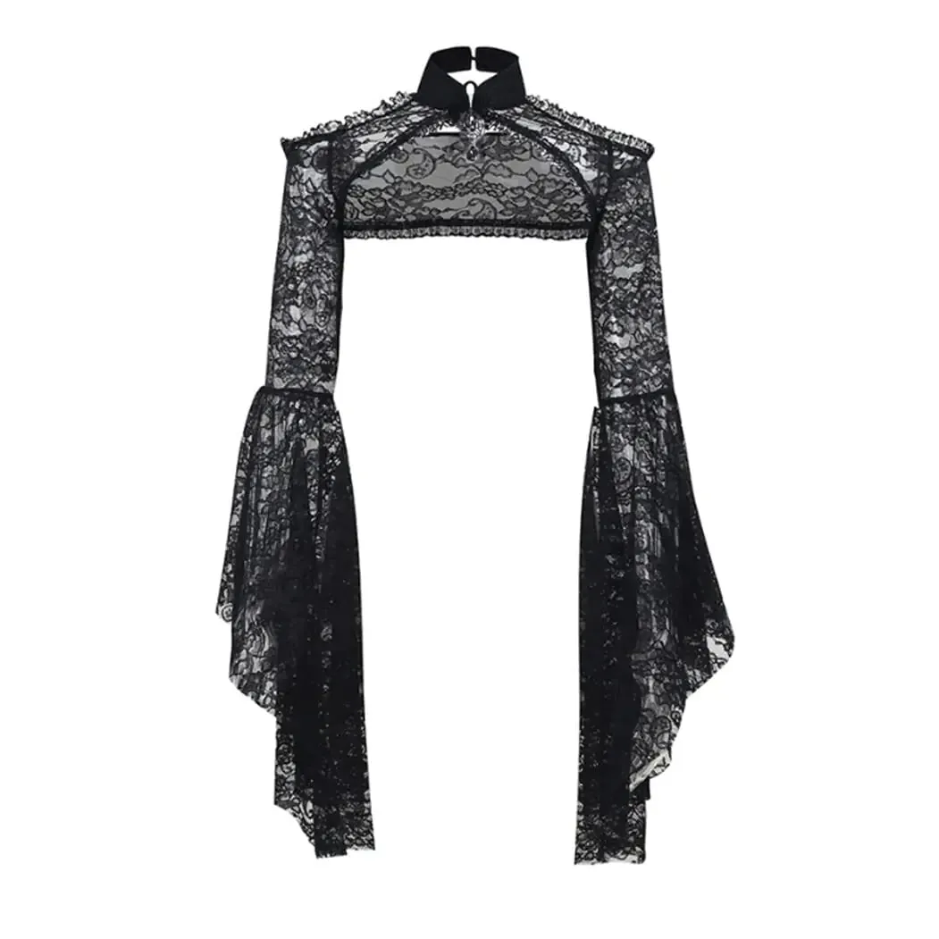 Sheer Mesh Lace Shrug Bolero Trad Goth Crop Top Floral Gothic Bell Sleeve Bohemian Renaissance See Thru Rave Shawl Top