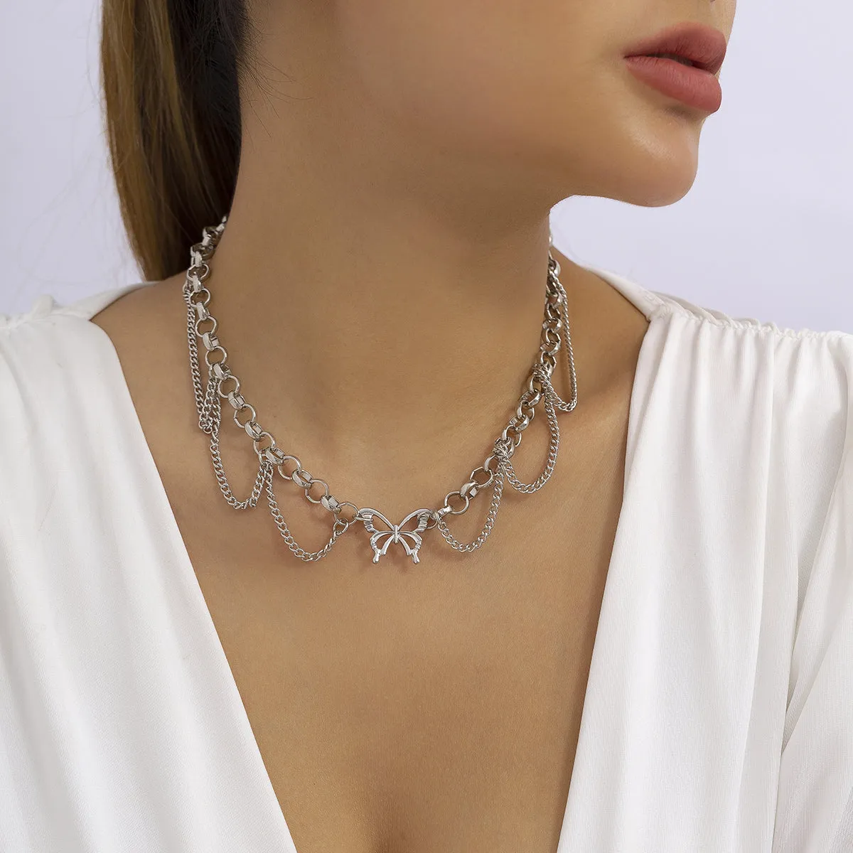 Silver-Plated Butterfly Tassel Choker Necklace