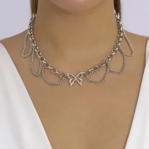 Silver-Plated Butterfly Tassel Choker Necklace