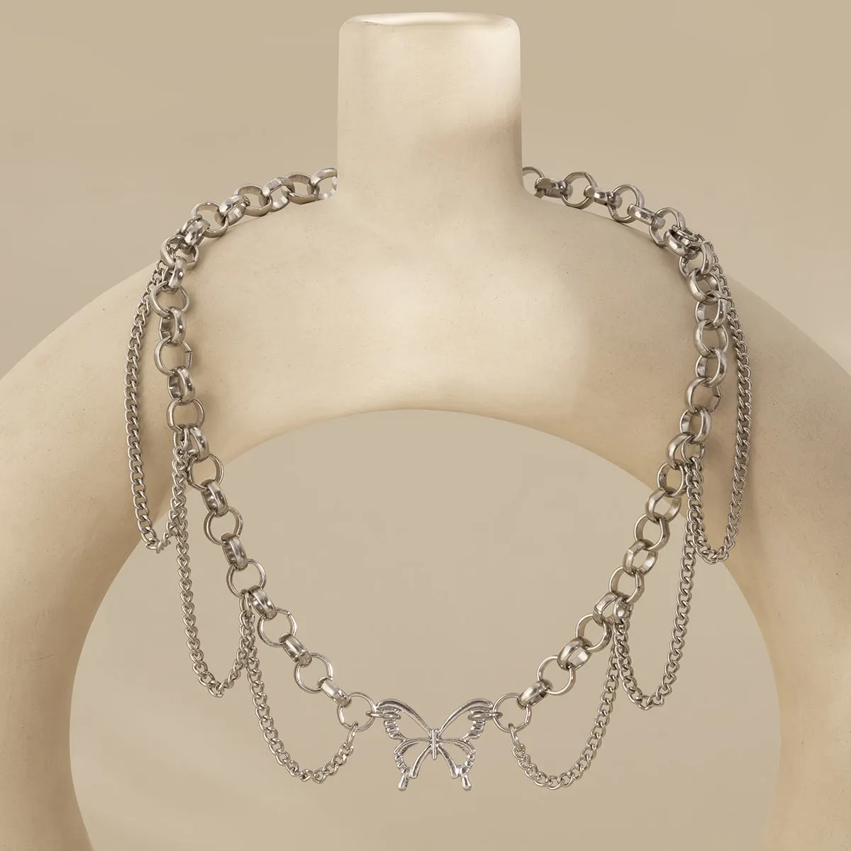 Silver-Plated Butterfly Tassel Choker Necklace