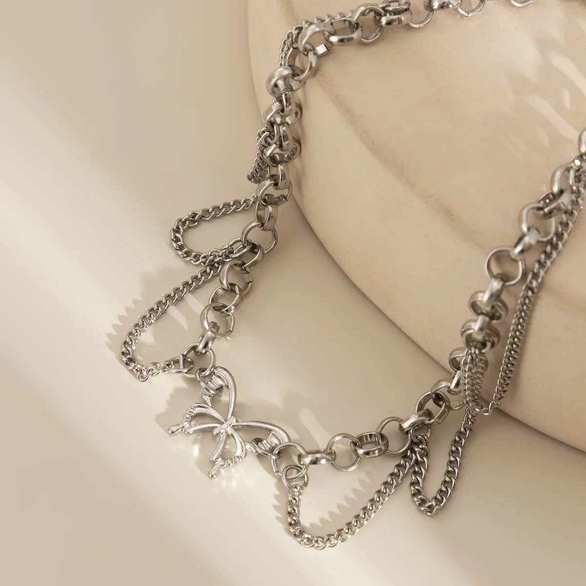 Silver-Plated Butterfly Tassel Choker Necklace