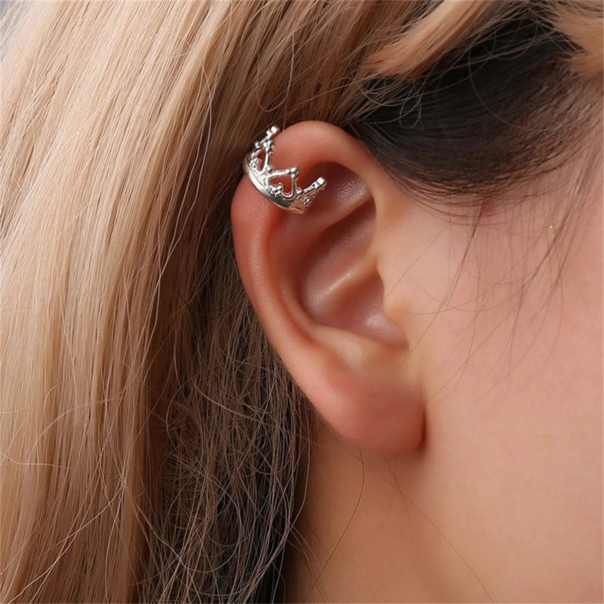 Silver-Plated Heart Crown Ear Cuff