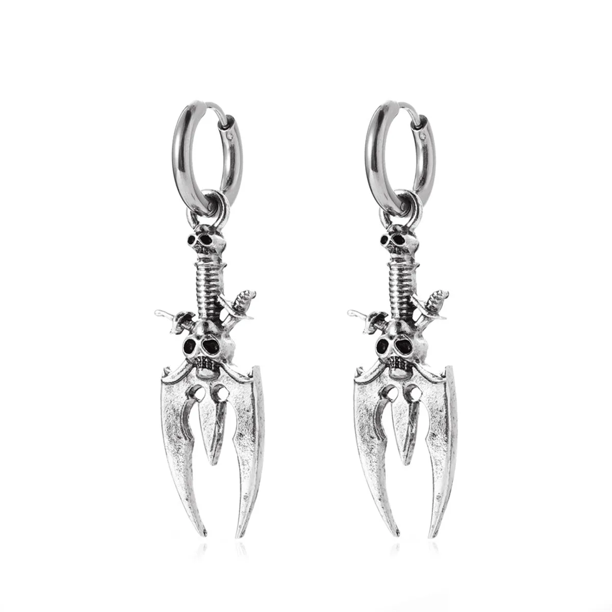Silver-Plated Skull Trident Drop Earrings
