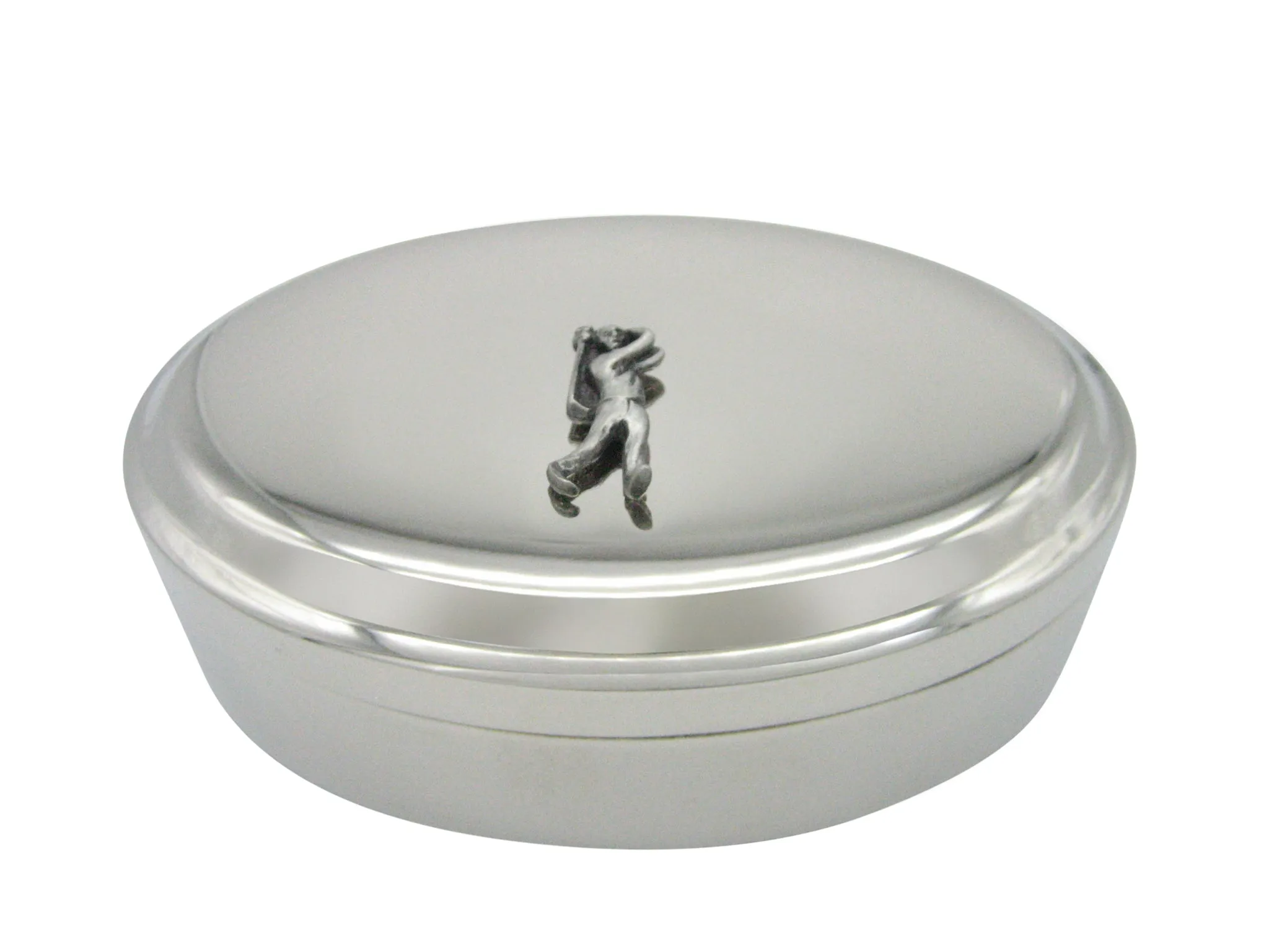 Silver Toned Textured Golfer Pendant Oval Trinket Jewelry Box