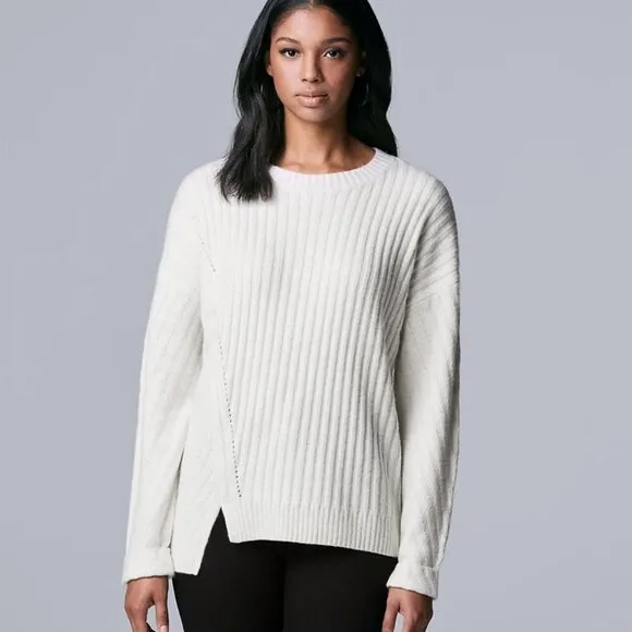Simply Vera Wang Womens White Crew Asymmetrical Hem Knit Sweater Plus Sz XXL NWT
