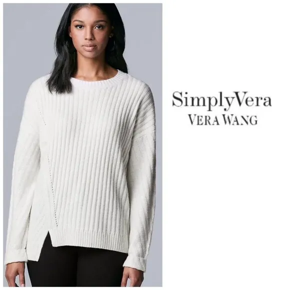 Simply Vera Wang Womens White Crew Asymmetrical Hem Knit Sweater Plus Sz XXL NWT