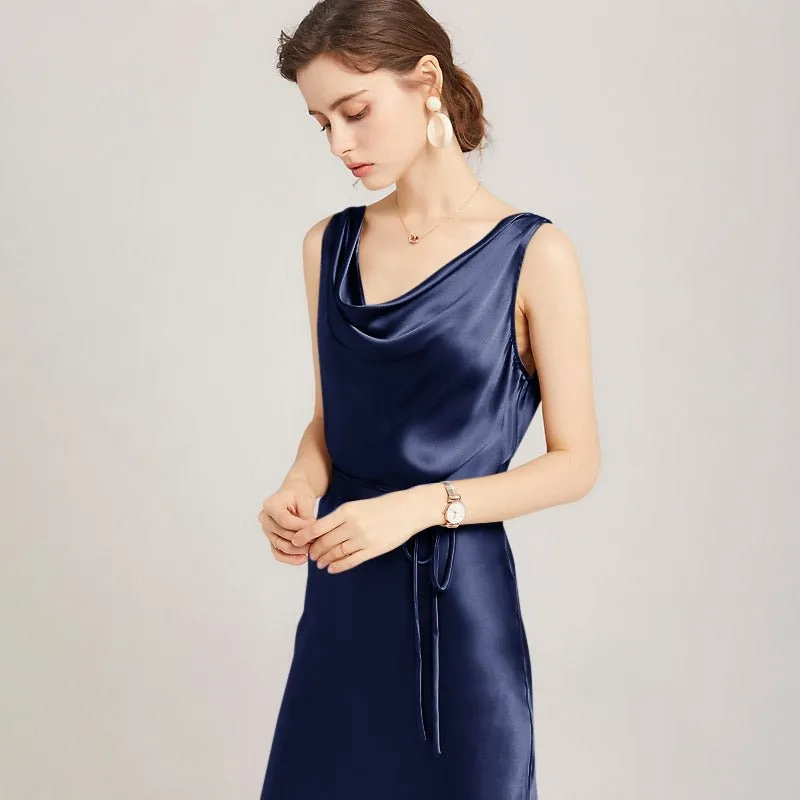 Sleeveless Cowl Neck Silk Midi Dresses Wedding Guest Party Dresses