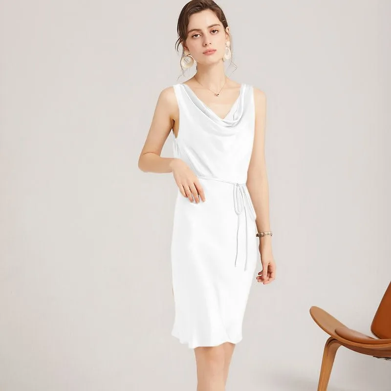 Sleeveless Cowl Neck Silk Midi Dresses Wedding Guest Party Dresses