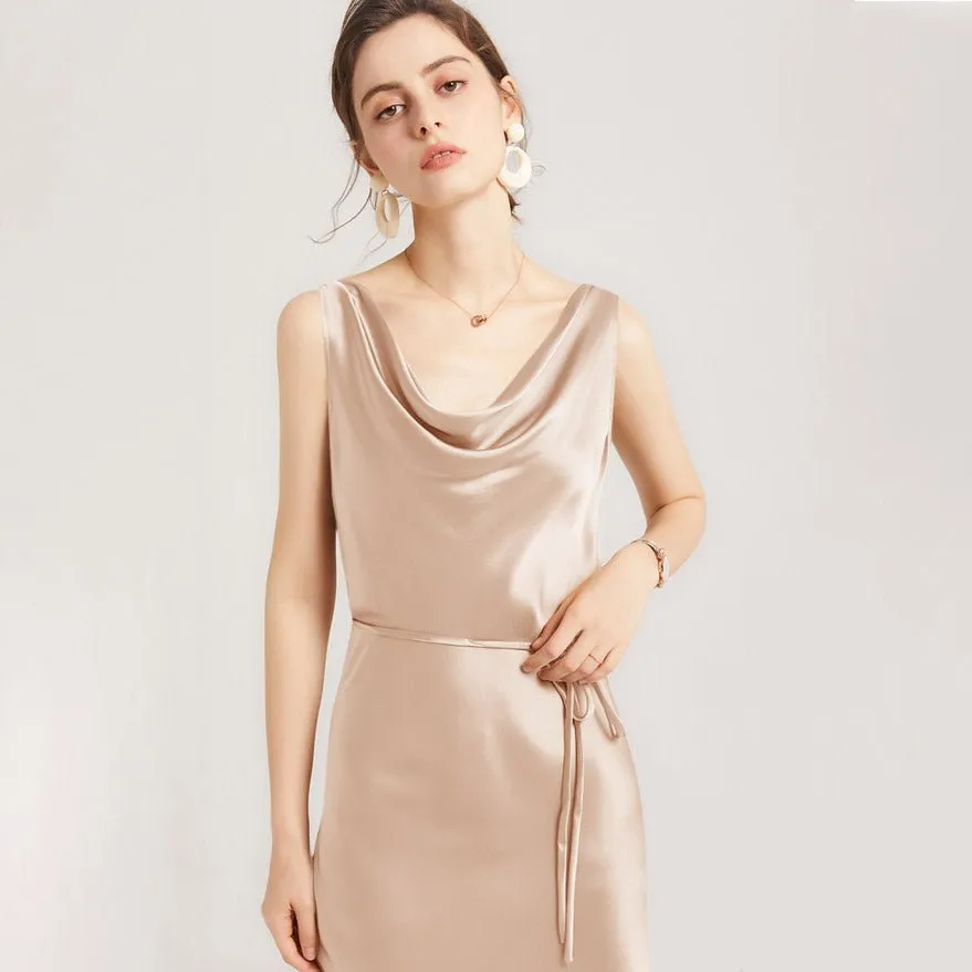Sleeveless Cowl Neck Silk Midi Dresses Wedding Guest Party Dresses