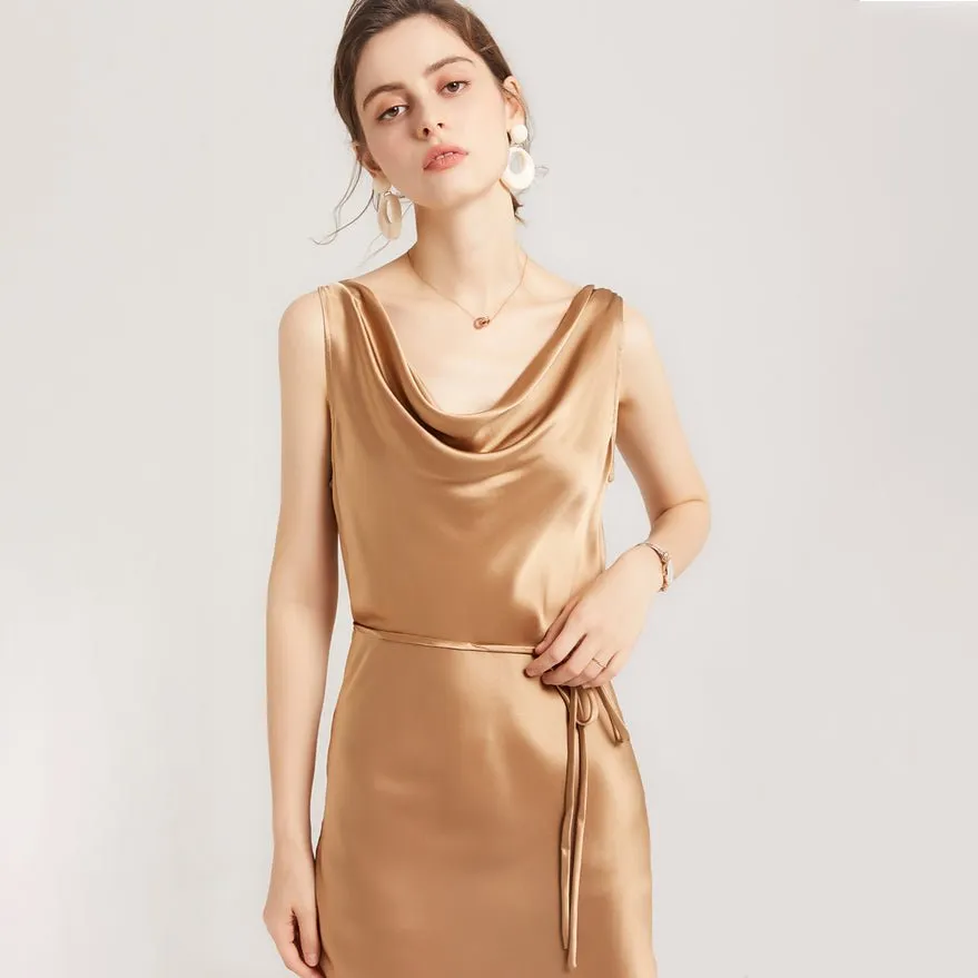 Sleeveless Cowl Neck Silk Midi Dresses Wedding Guest Party Dresses