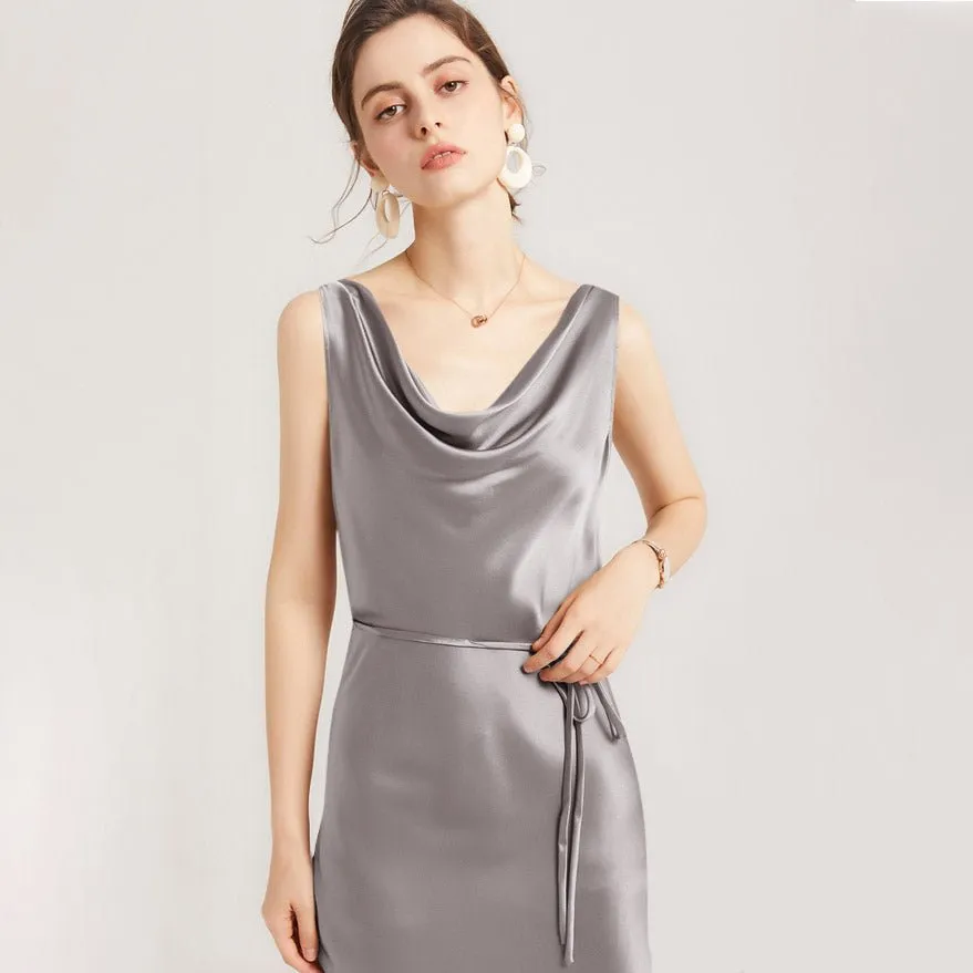 Sleeveless Cowl Neck Silk Midi Dresses Wedding Guest Party Dresses
