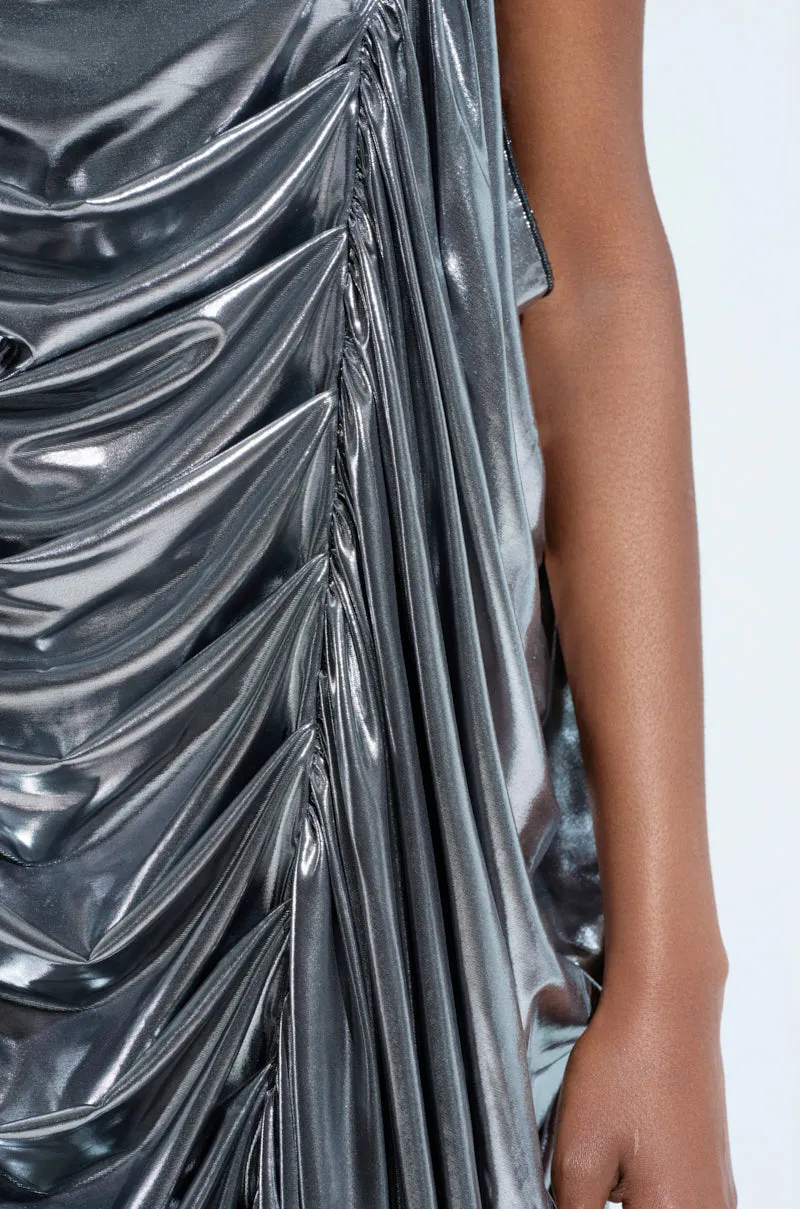 SMOOTH OPERATOR RUCHED MINI DRESS IN METALLIC GREY