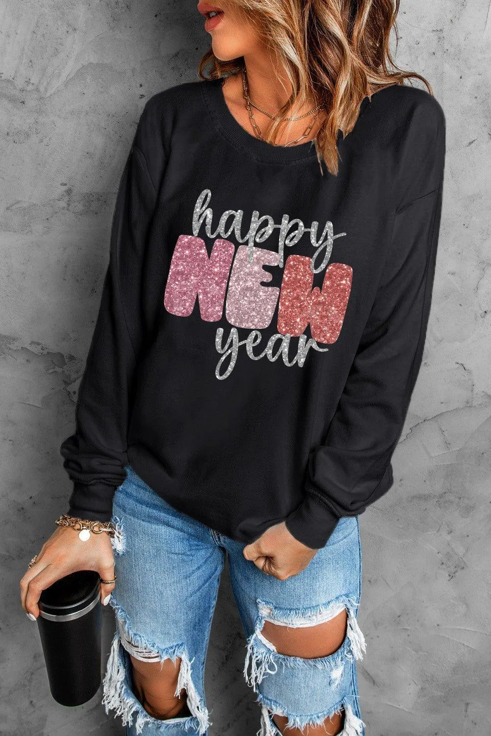 Sparkle Happy New Year Black Graphic Sweatshirt