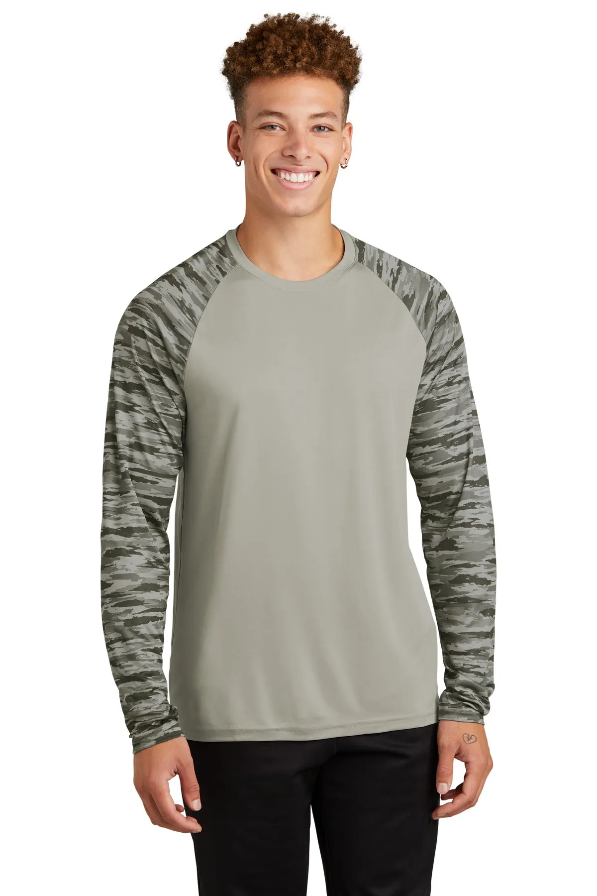 Sport-Tek Drift Camo Colorblock Long Sleeve Tee ST376LS Silver