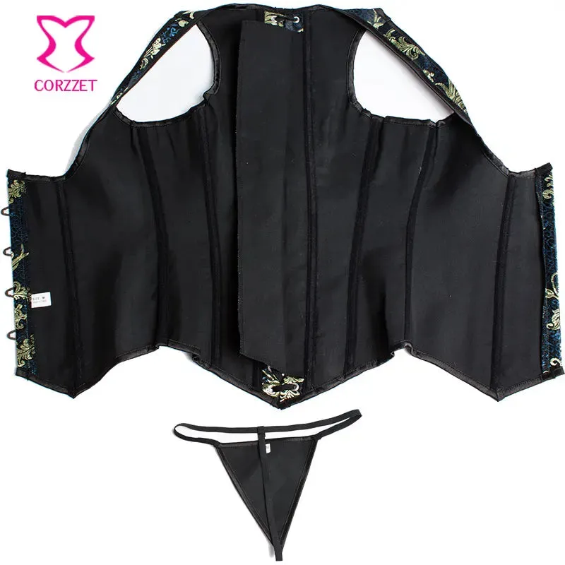 Steel Boned Steampunk Underbust Corset Gold Glitter Embroidery Brocade