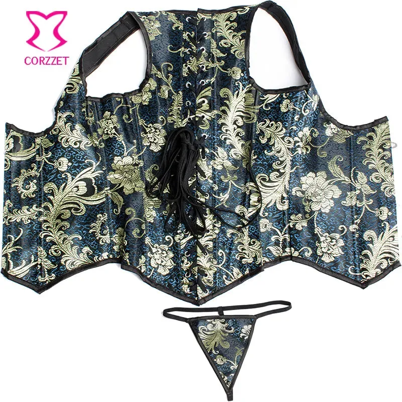Steel Boned Steampunk Underbust Corset Gold Glitter Embroidery Brocade