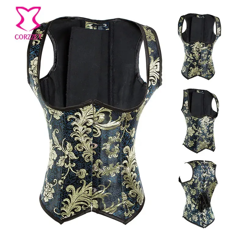 Steel Boned Steampunk Underbust Corset Gold Glitter Embroidery Brocade