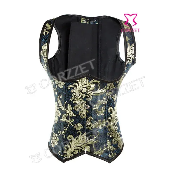 Steel Boned Steampunk Underbust Corset Gold Glitter Embroidery Brocade