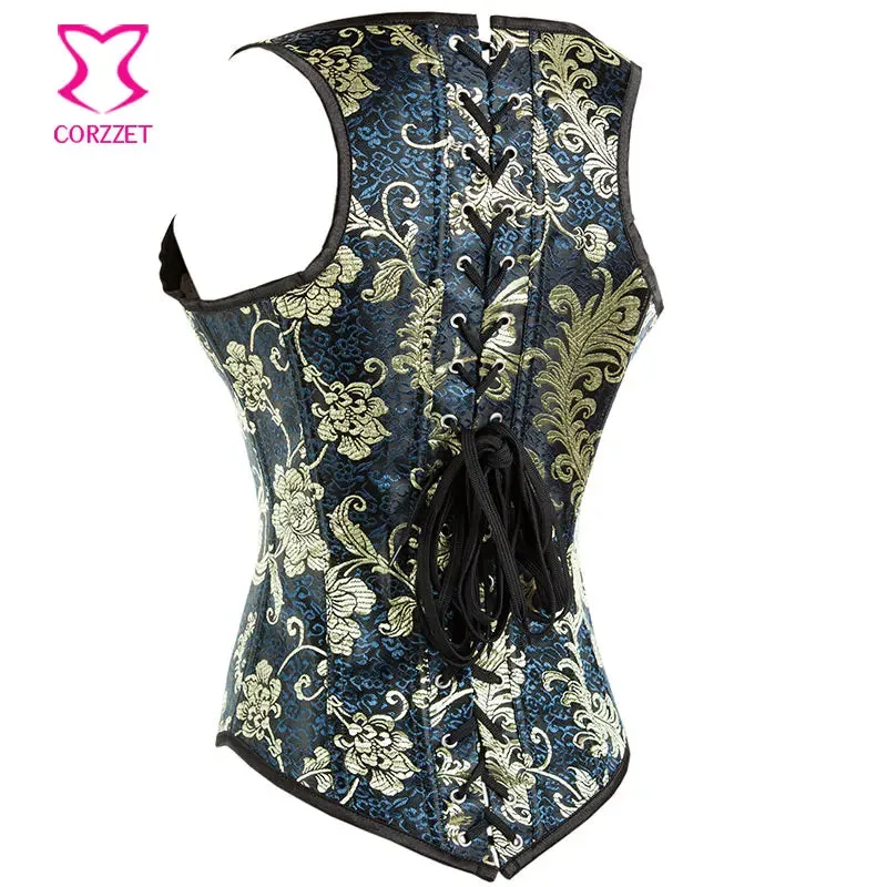 Steel Boned Steampunk Underbust Corset Gold Glitter Embroidery Brocade