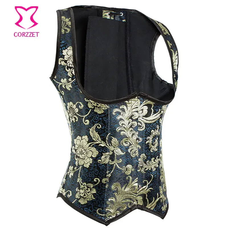 Steel Boned Steampunk Underbust Corset Gold Glitter Embroidery Brocade