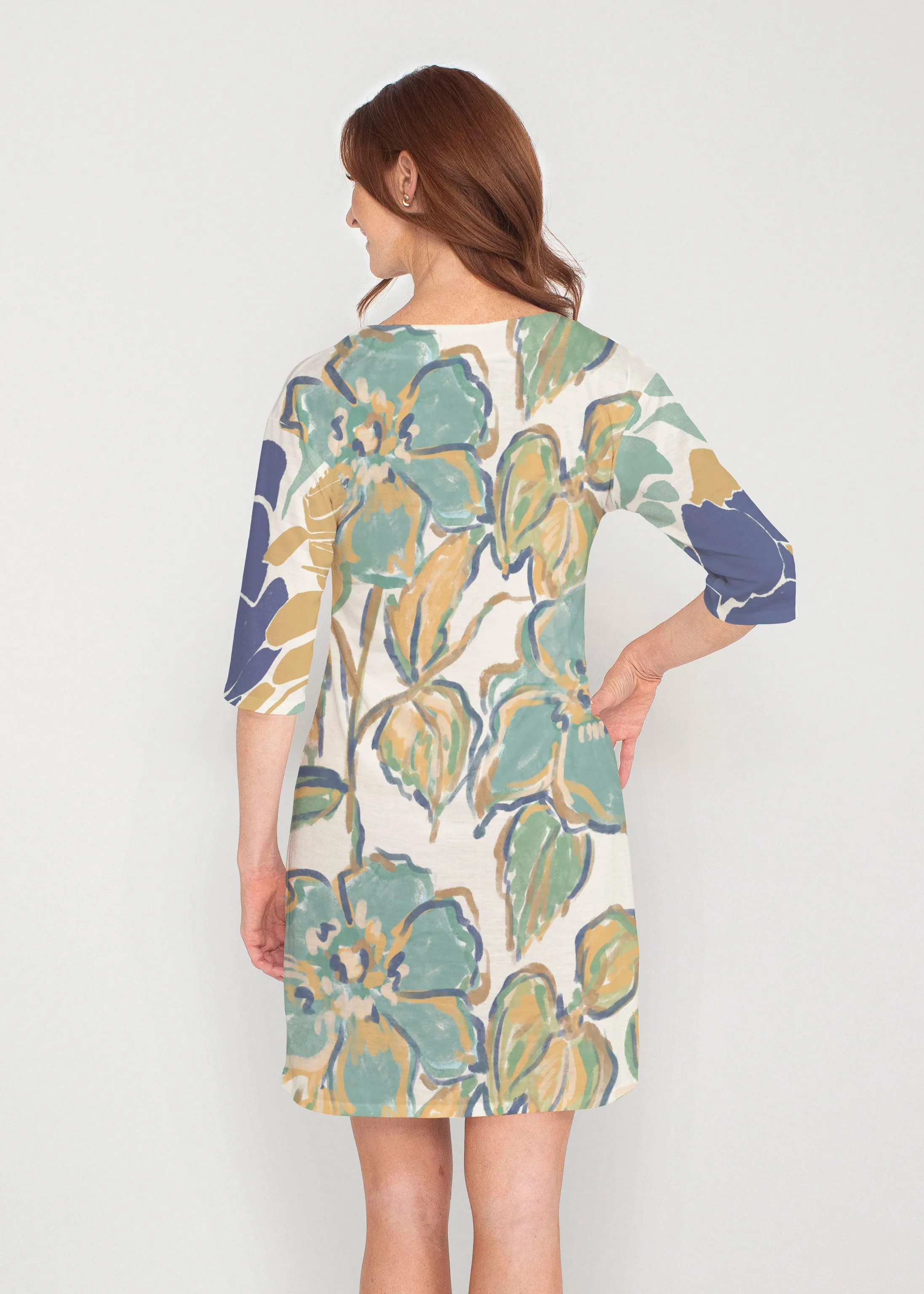 Stefania (8110) ~ Drop Shoulder 3/4 Sleeve V-Neck Dress
