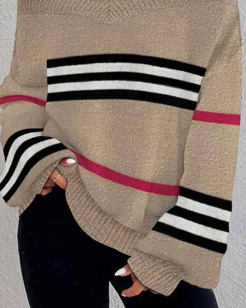 Striped Lantern Sleeve Cold Shoulder Knit Sweater