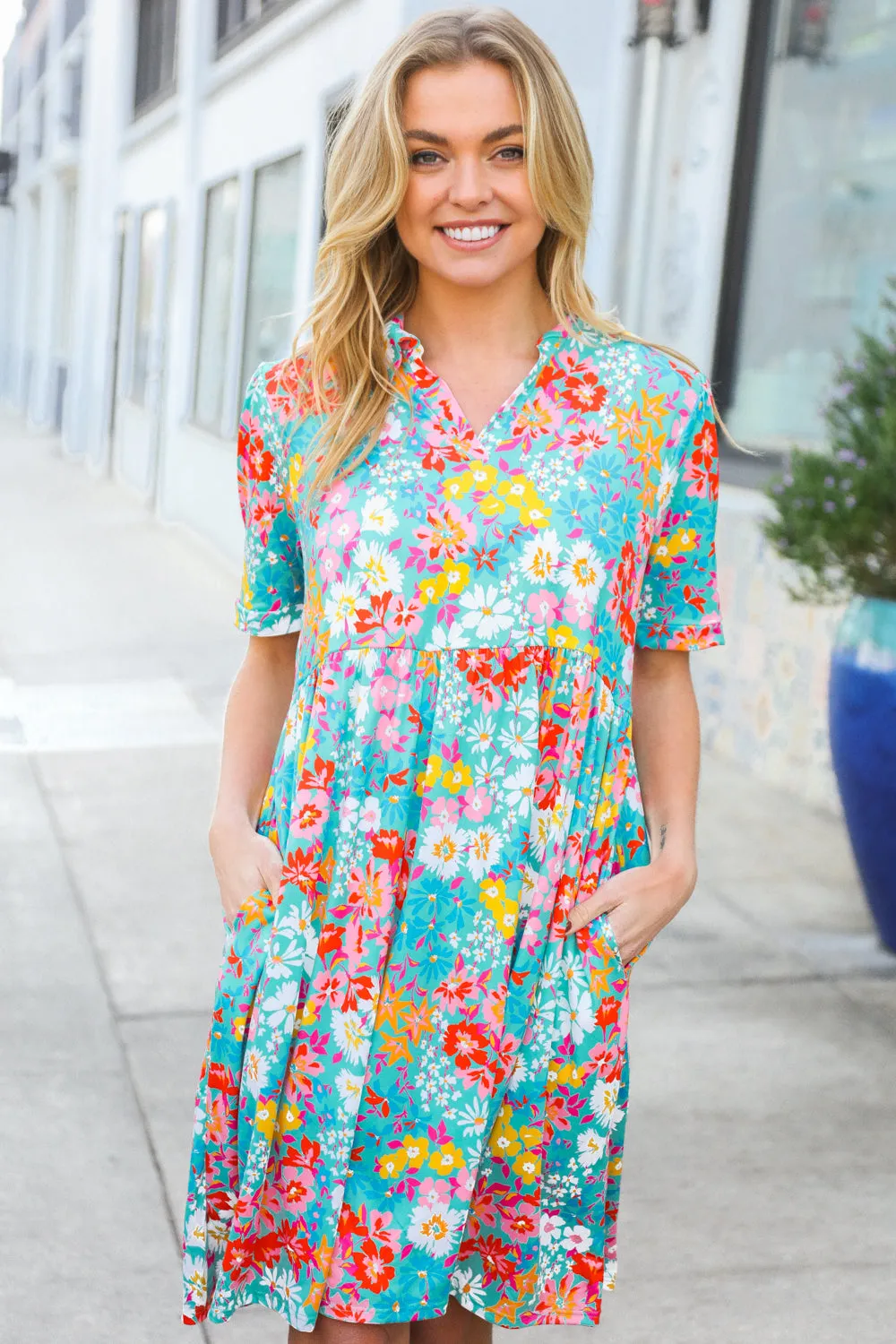 Sunny Days Mint Floral Print Notched Collar Frock Dress