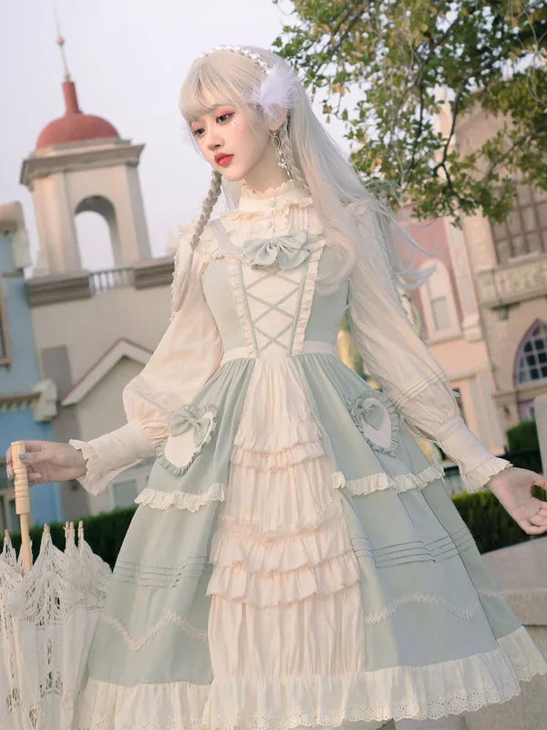 Sweet Lolita JSK Dress Mint Green Sleeveless Bows Lace Up Lolita Jumper Skirts